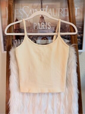 OQQ Cream Ribbed Spaghetti-Strap Tank